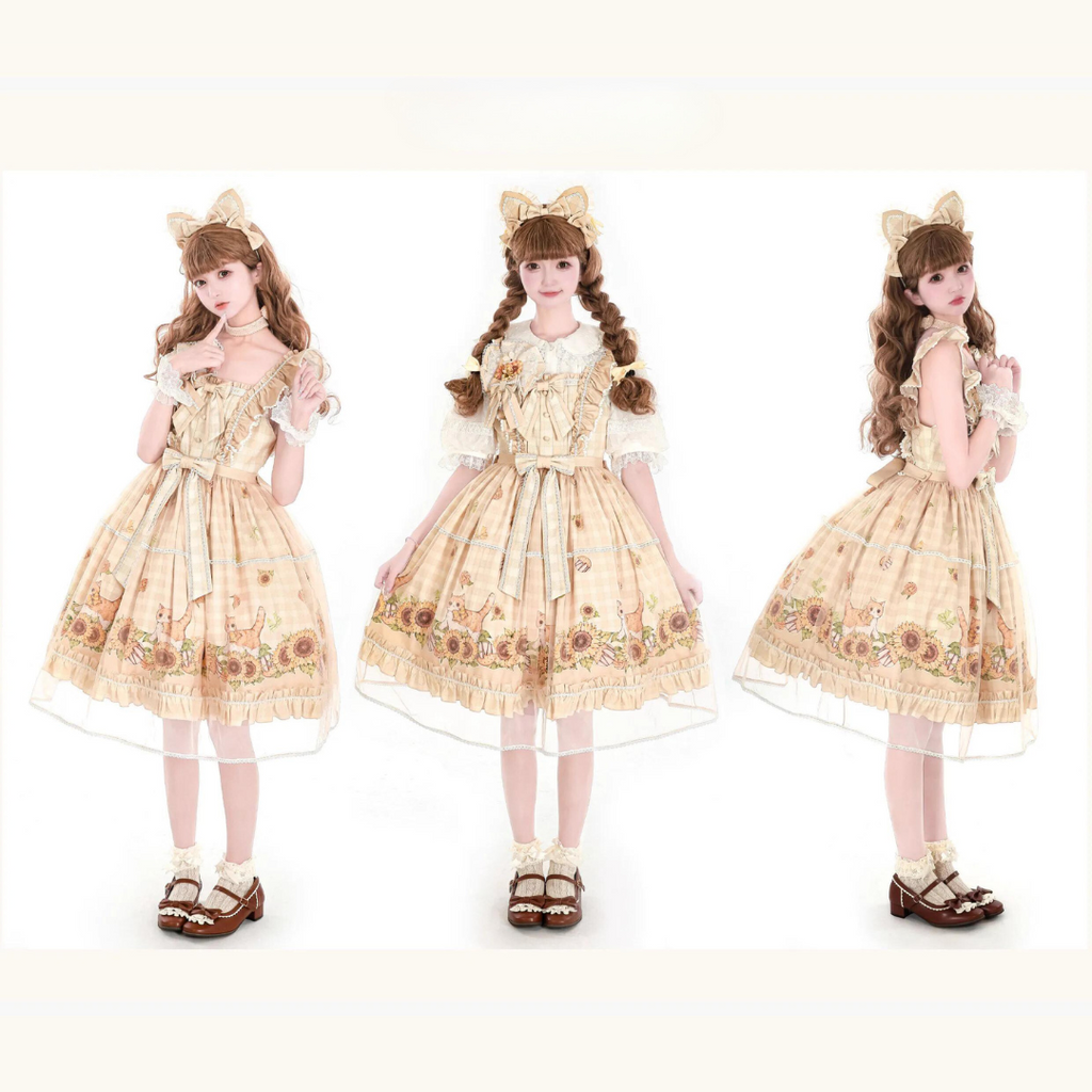 Cat and Sunflower Gingham Check Jumper Skirt Available in 3 Colors