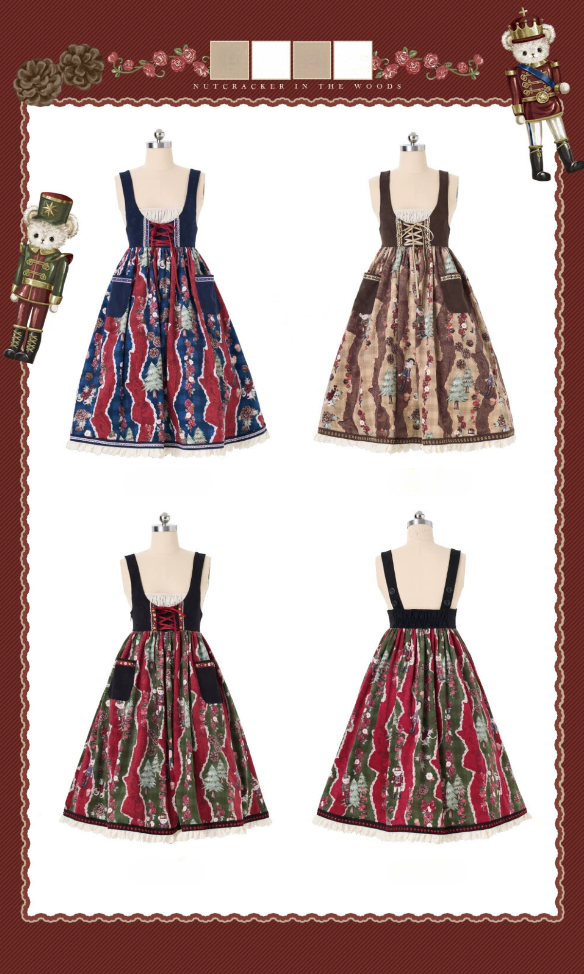 Nutcracker Bear Country-style Floral Embroidered Jumper Skirt
