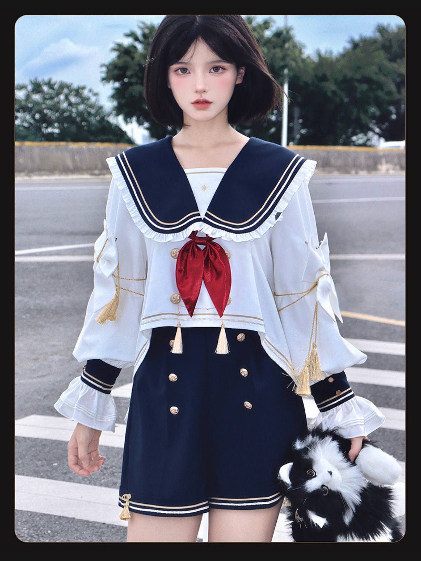 Starry Moon セーラー襟トップスとショートパンツセット