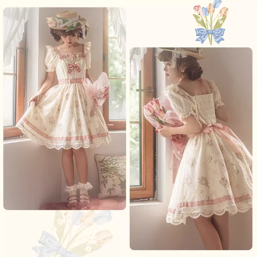Tulip Bouquet スクエアネックコットンワンピース