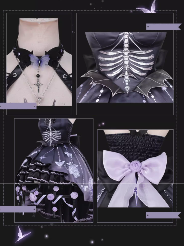 [Pre-order] Bat Wings skeleton pattern jumper skirt and purple rose crinoline