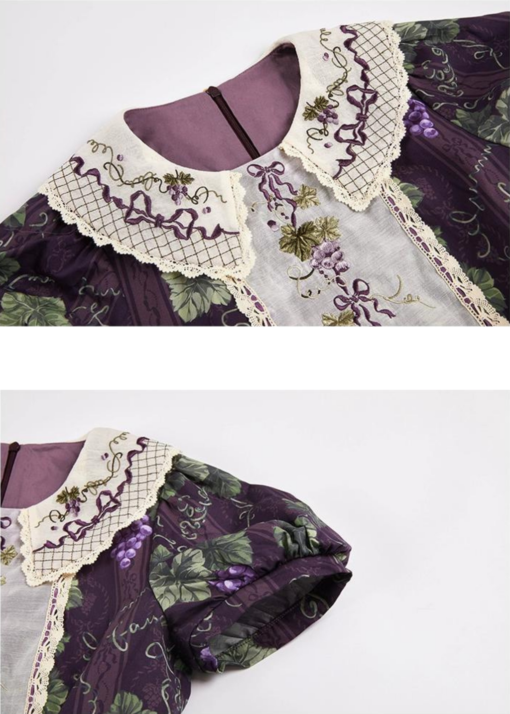 Sunny Rouge Grape pattern embroidered collar short sleeve dress