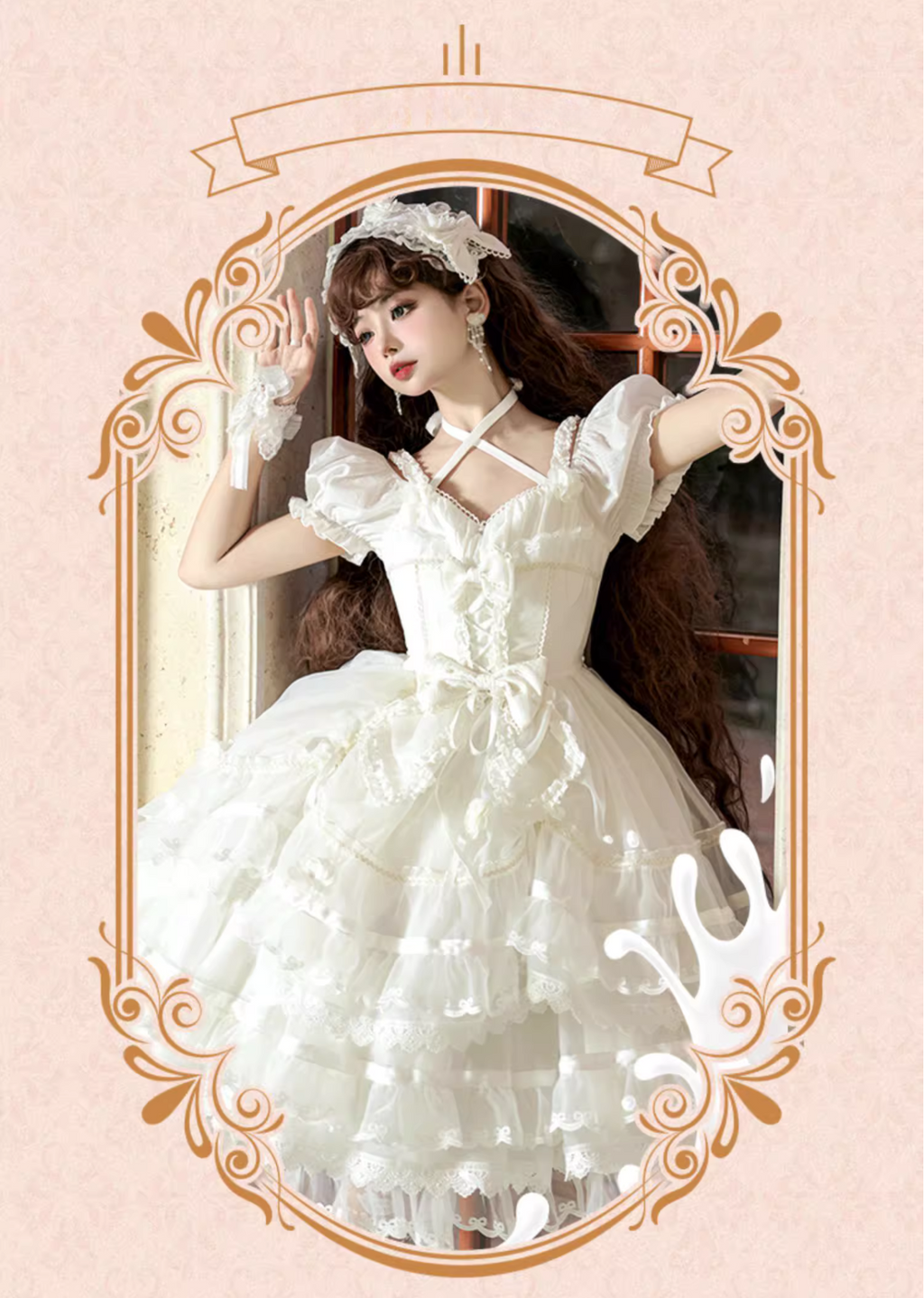 Ribbon embroidered lace dress and head dress available in 8 colors