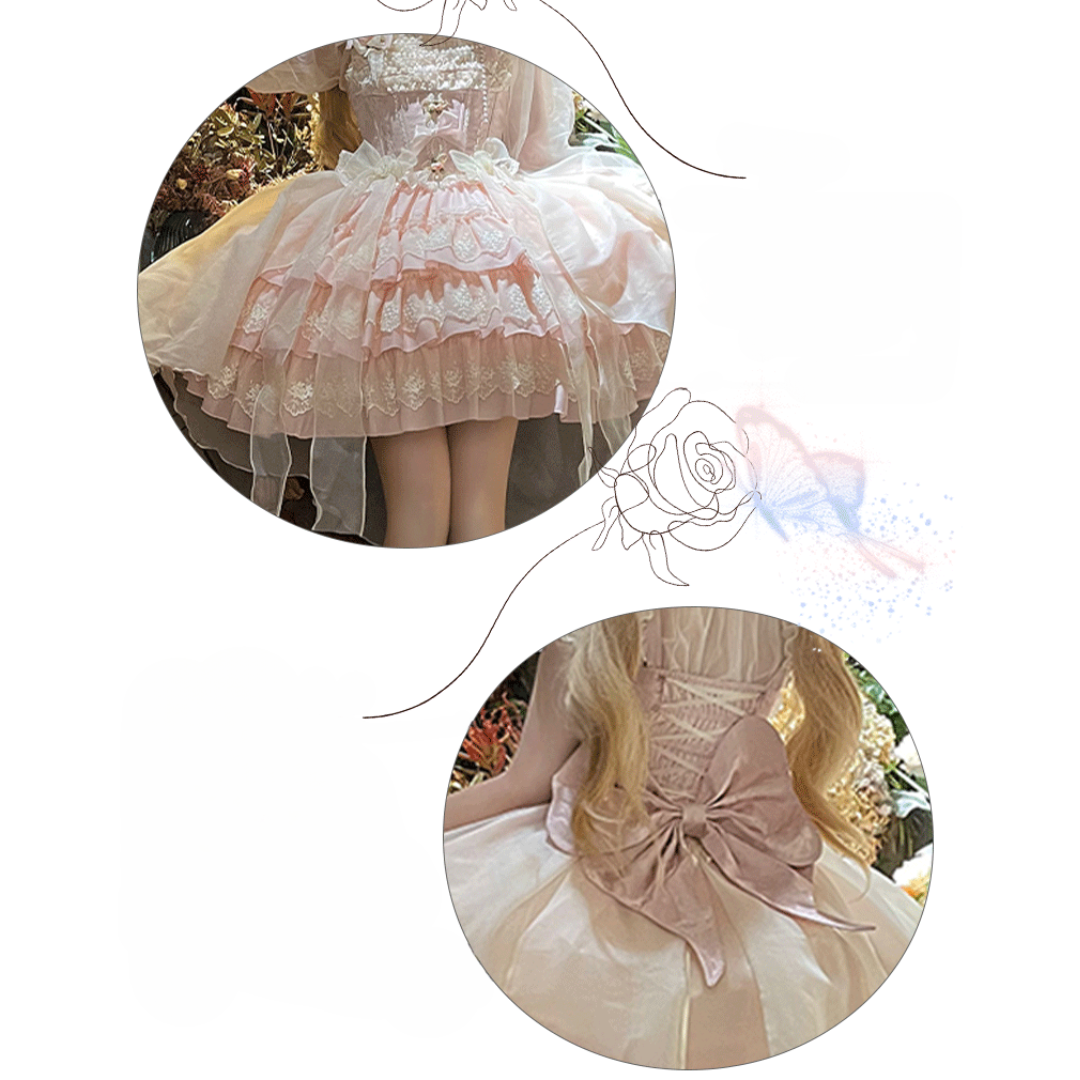 バラの涙 刺繍レースのミニ丈ジャンパースカート・ピンク