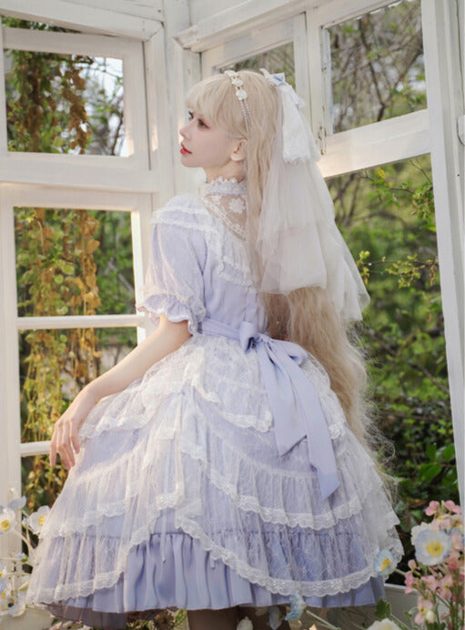 Iris Heart Elegant Princess Short Sleeve Dress and Veil Hair Accessory