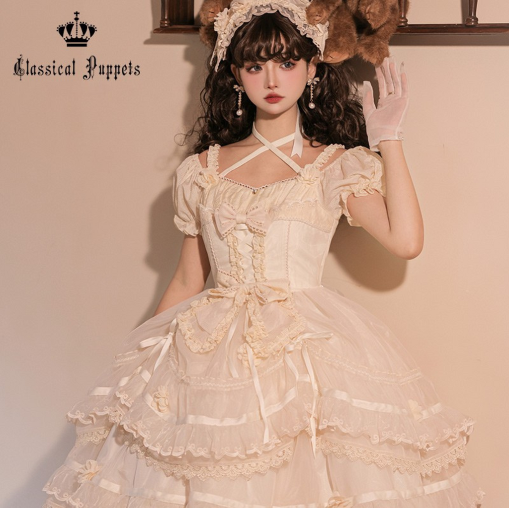 Ribbon embroidered lace dress and head dress available in 8 colors