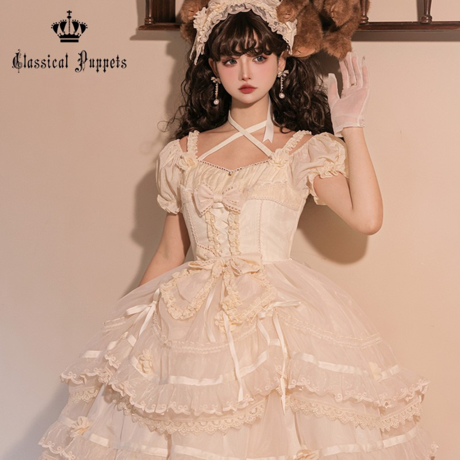 Ribbon embroidered lace dress and head dress available in 8 colors