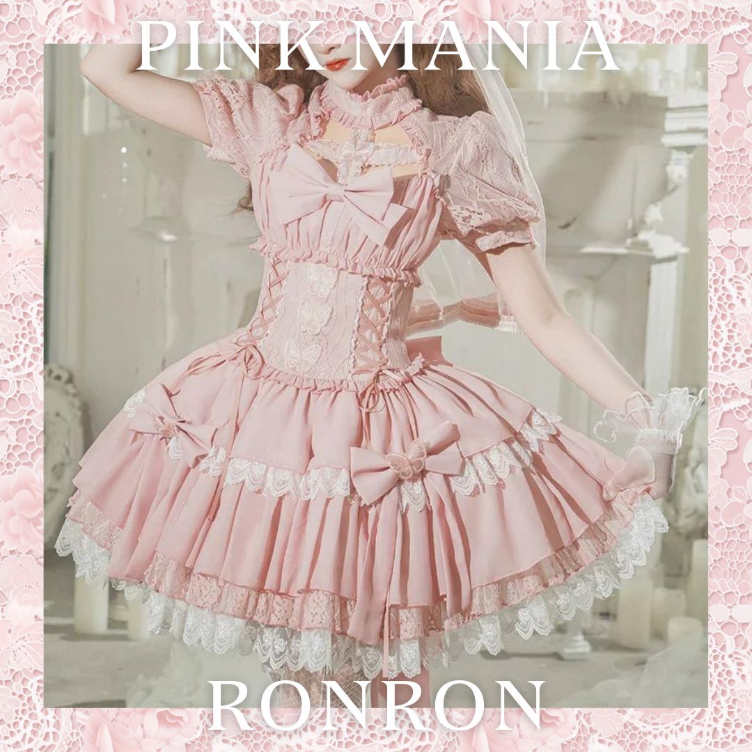 Baby Pink クロスリボンのコルセット風半袖ワンピース