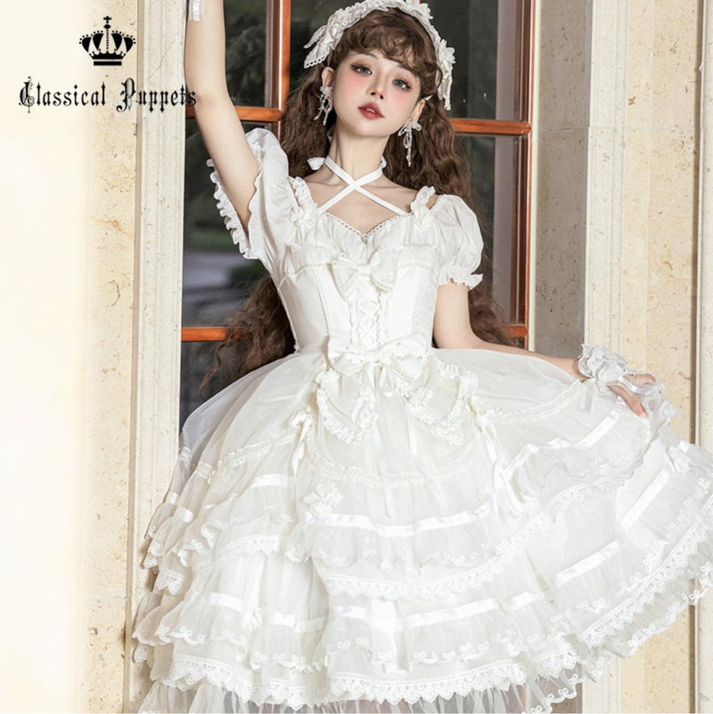 Ribbon embroidered lace dress and head dress available in 8 colors