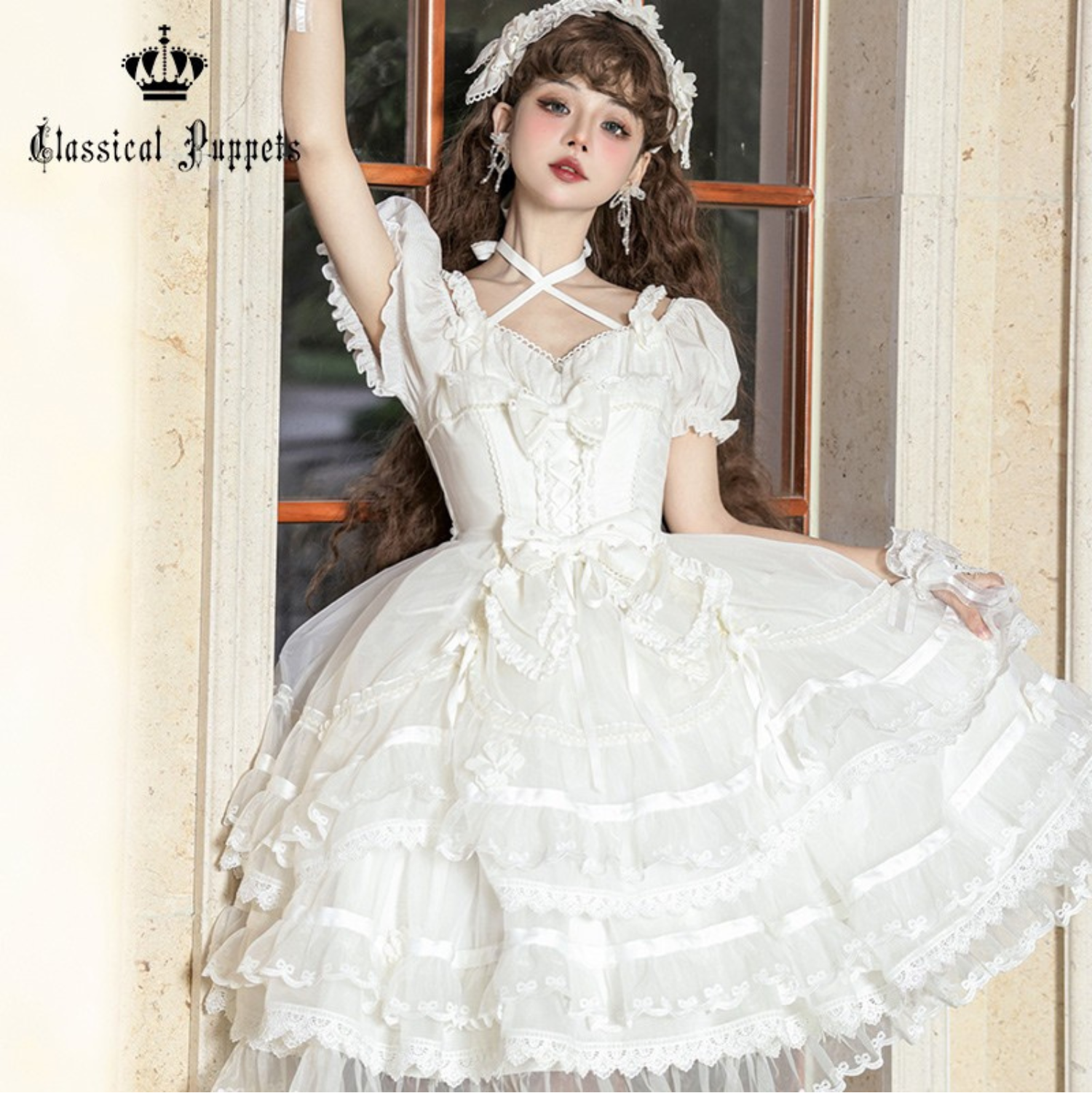 Ribbon embroidered lace dress and head dress available in 8 colors