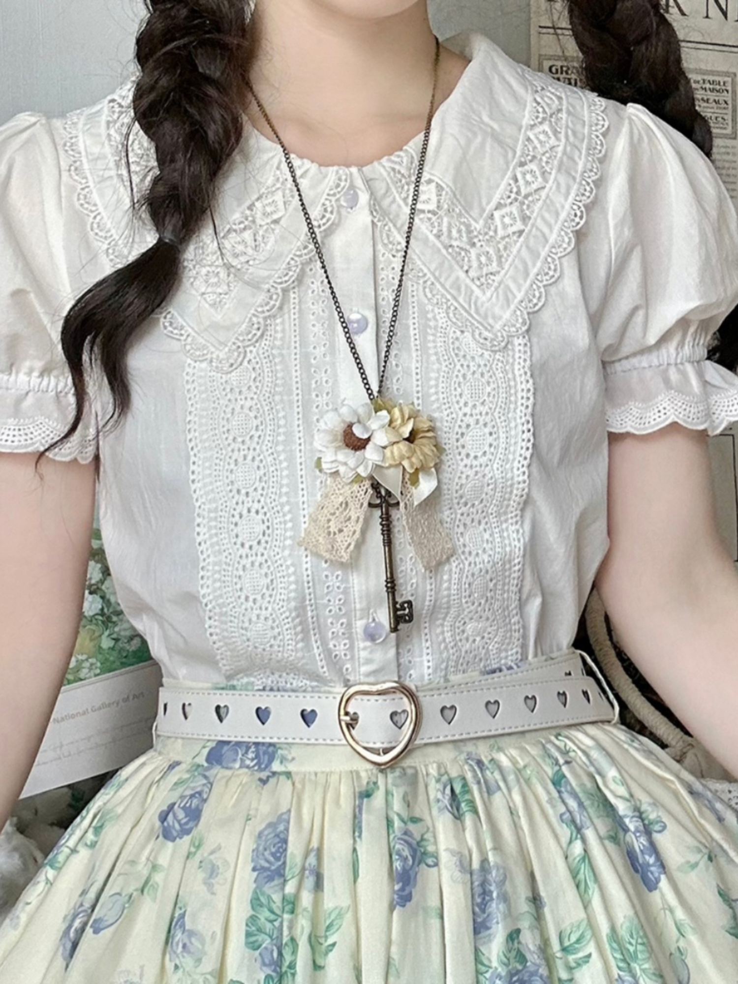 【予約販売】Rose Song ヴィンテージデザイン半袖ブラウス