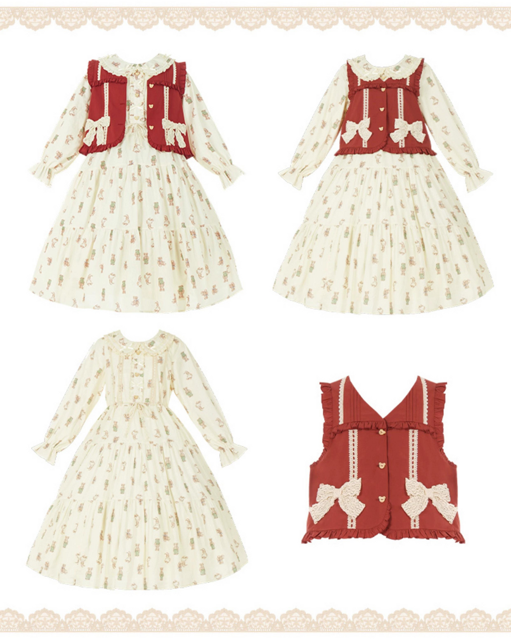 Retro Bear Red Vest and Candy Sleeve Dress