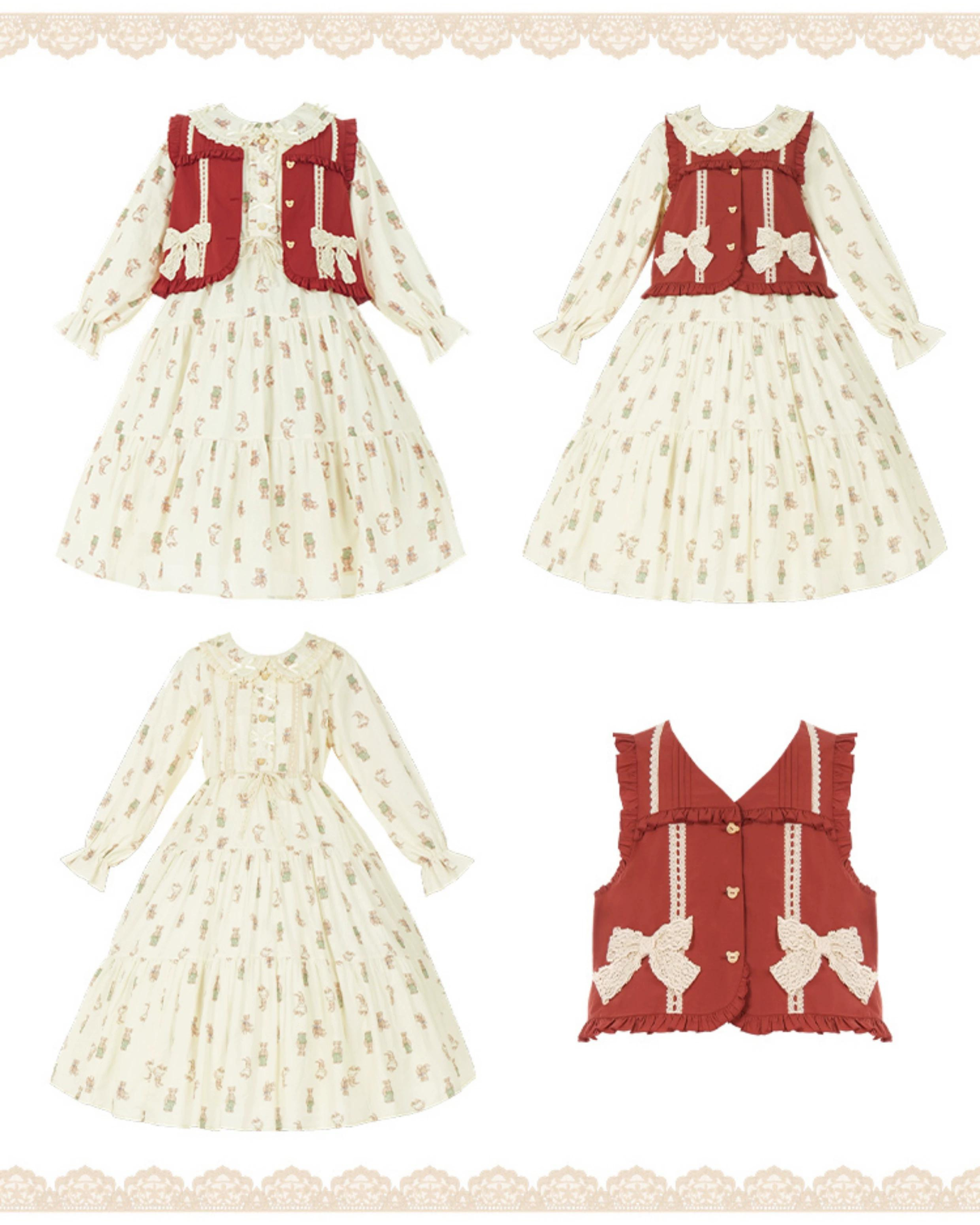 Retro Bear Red Vest and Candy Sleeve Dress