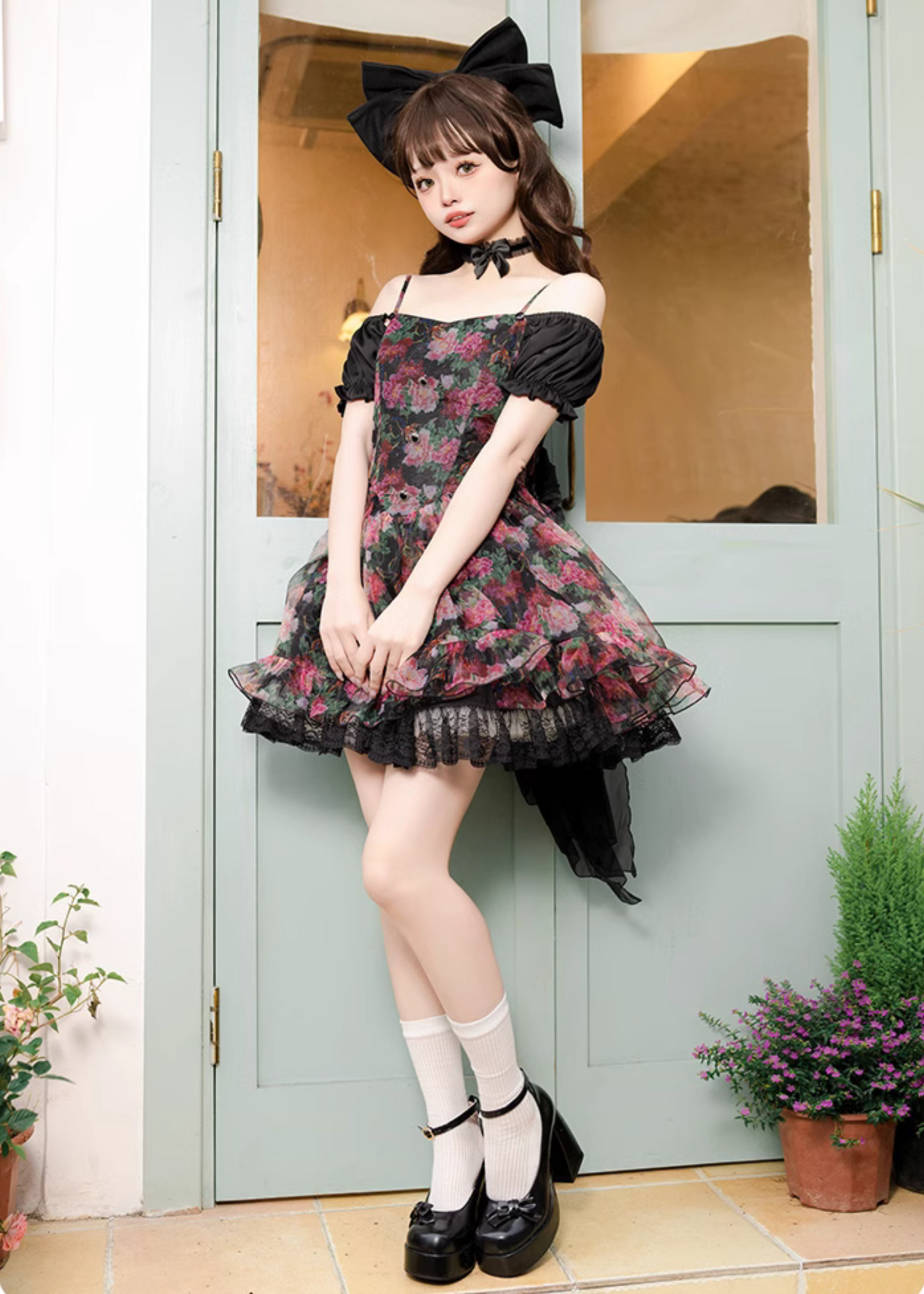 Peony flower 3way black mini dress