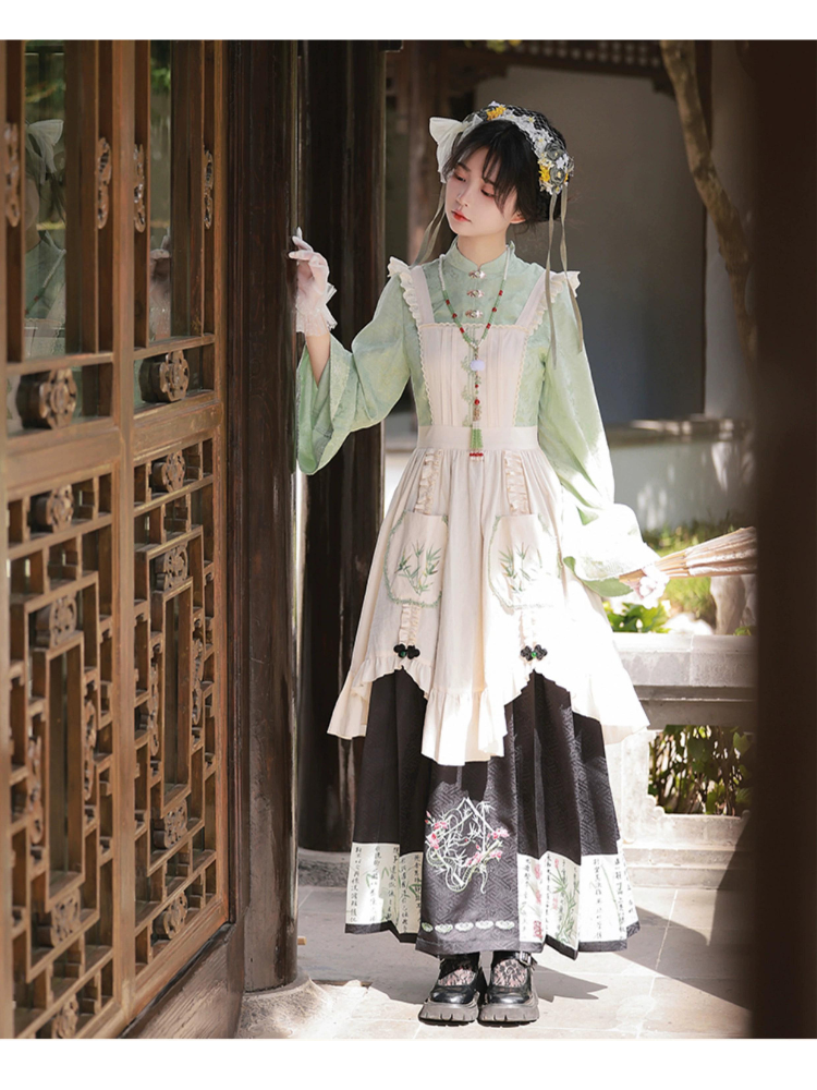 白緑 竹模様のダブルポケットエプロンワンピース