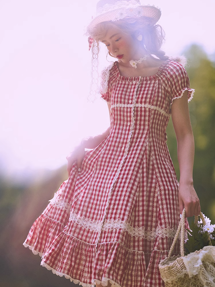 Day's eye Gingham check retro short sleeve dress, 3 colors
