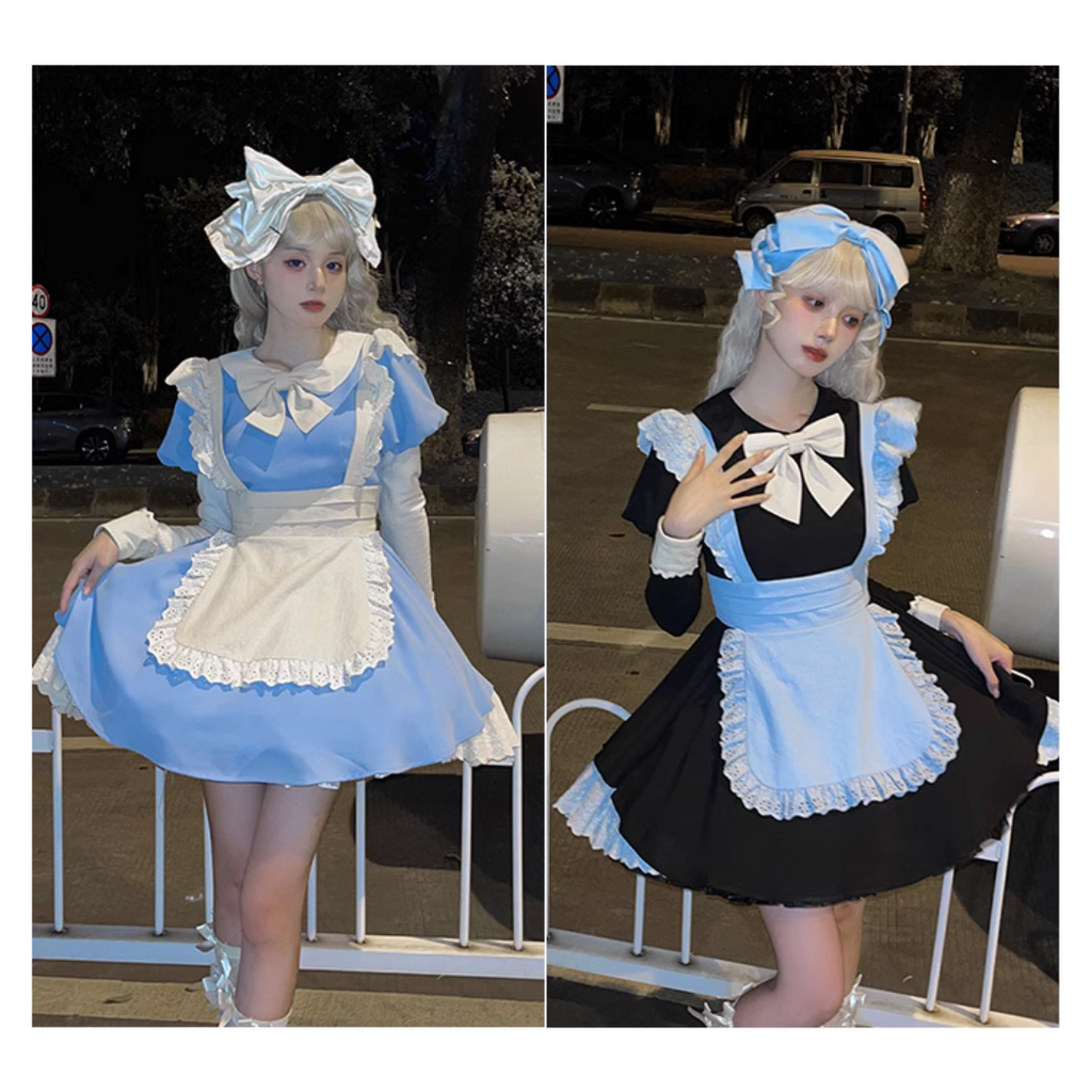 クラシカルエプロンのメイド風ワンピースショート丈 アームスリーブ付き