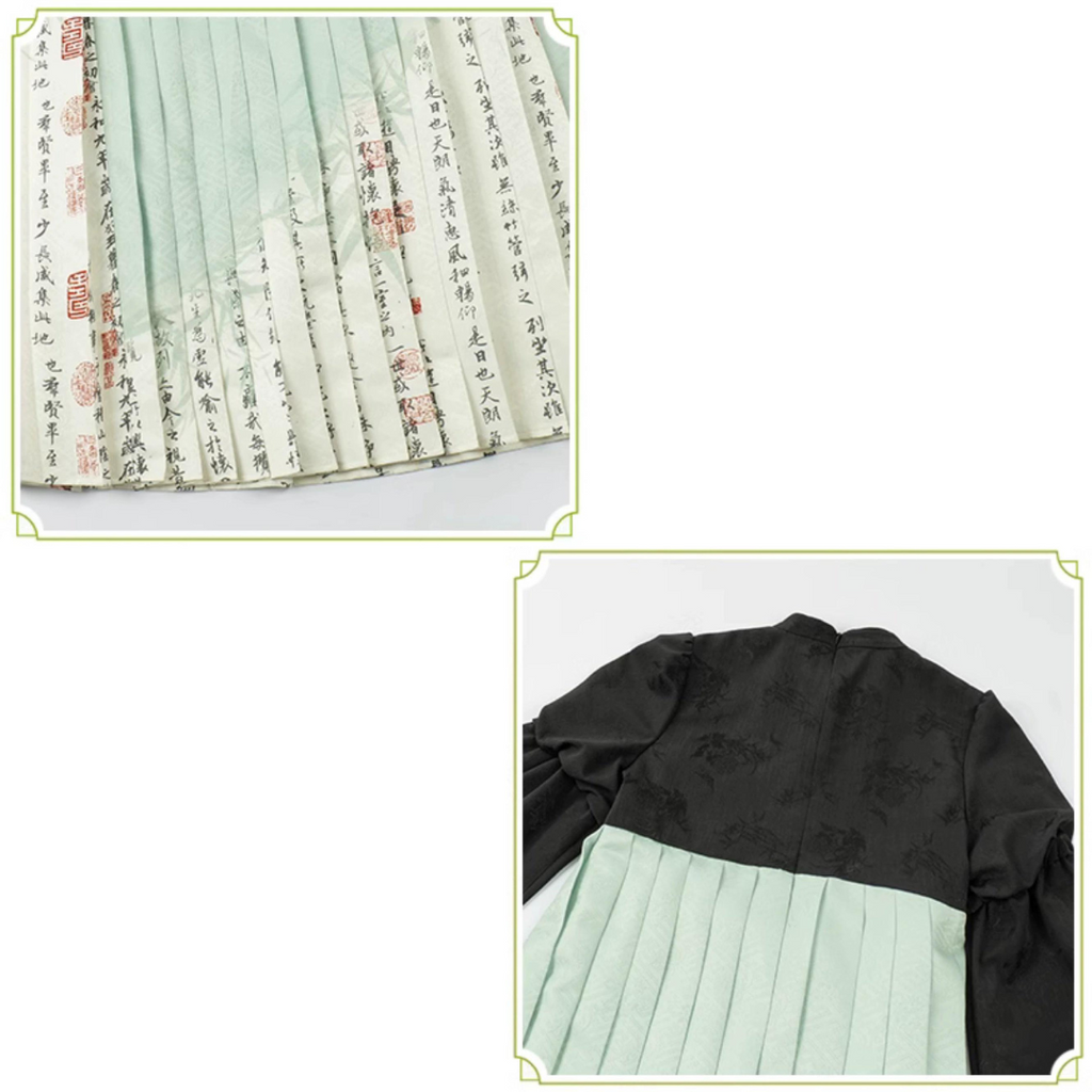 白緑 竹模様の漢服風フェイクツーピースドレス
