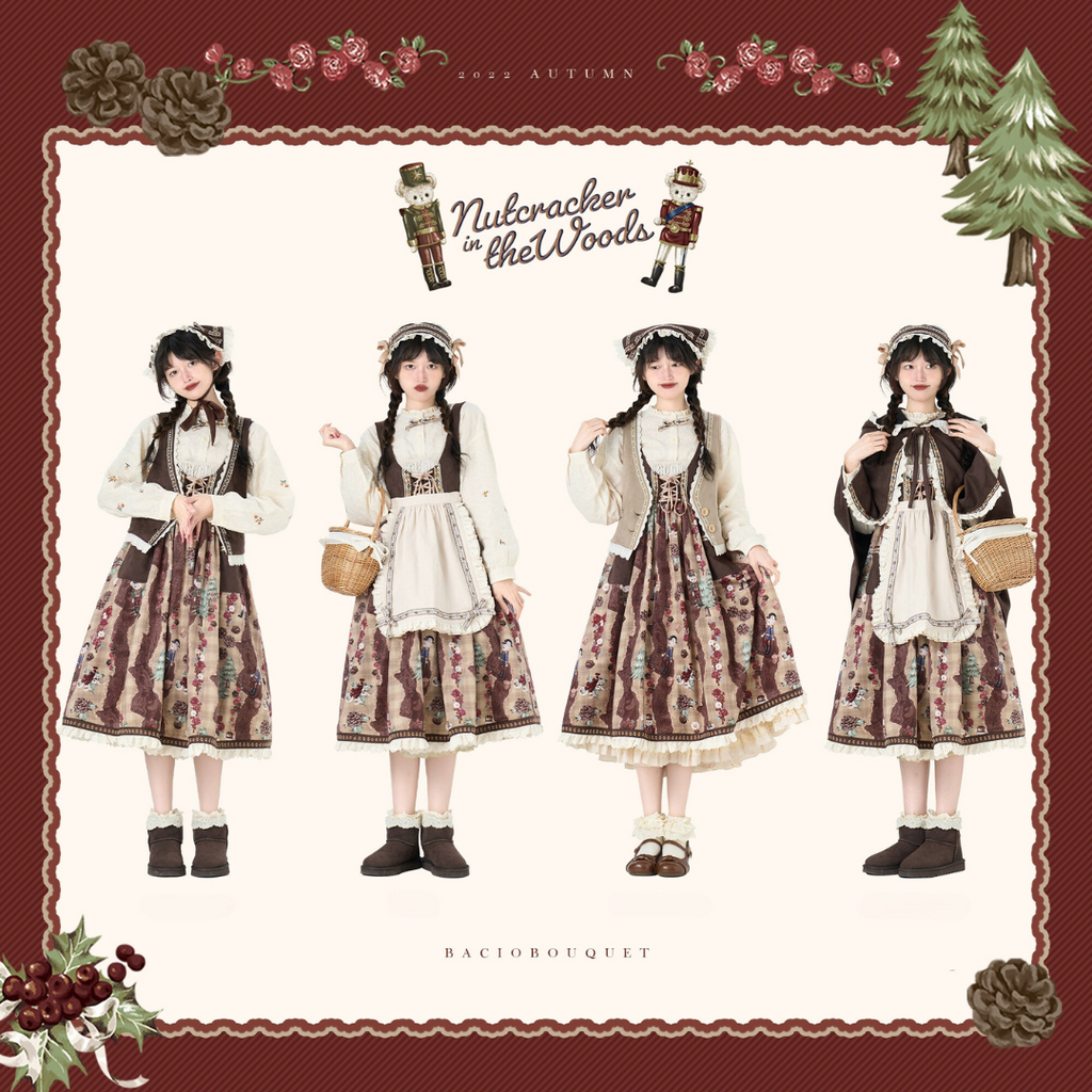 Nutcracker Bear Country-style Floral Embroidered Jumper Skirt