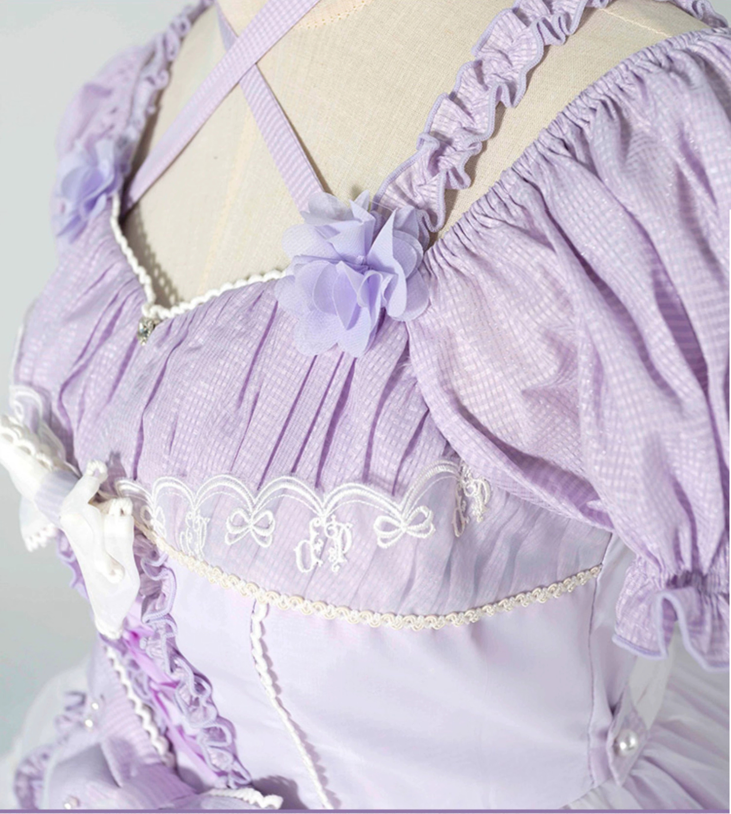 Ribbon embroidered lace dress and head dress available in 8 colors