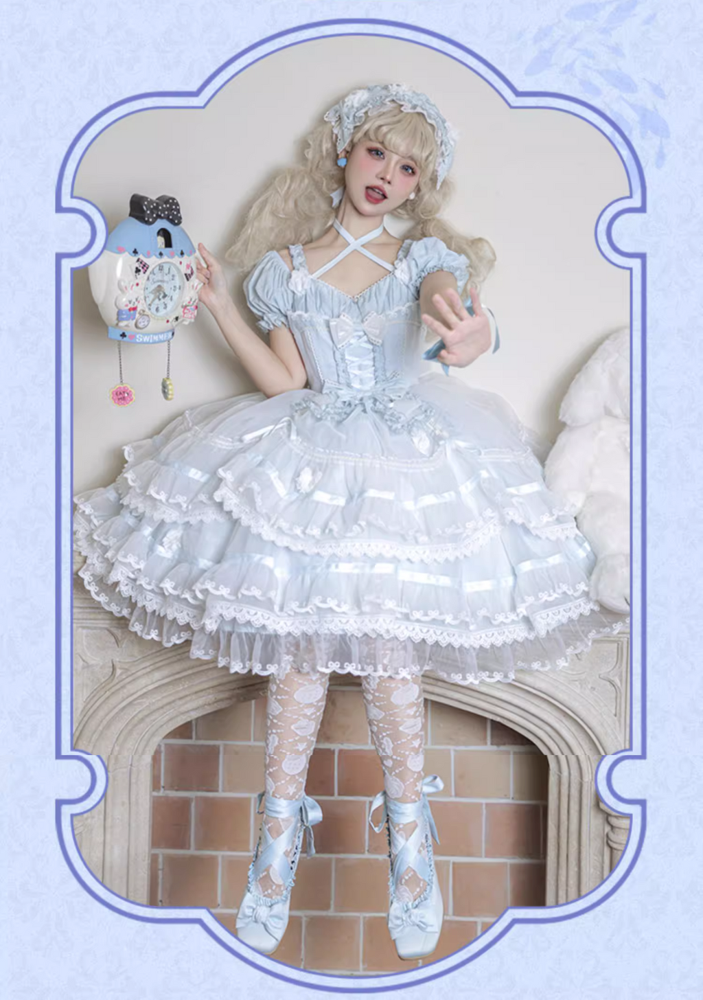 Ribbon embroidered lace dress and head dress available in 8 colors