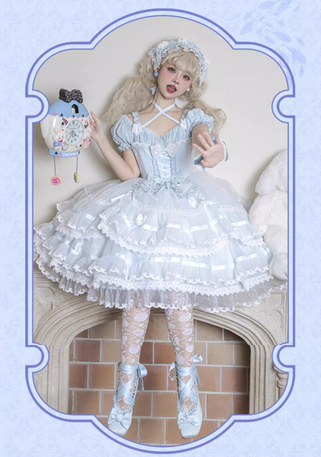 Ribbon embroidered lace dress and head dress available in 8 colors