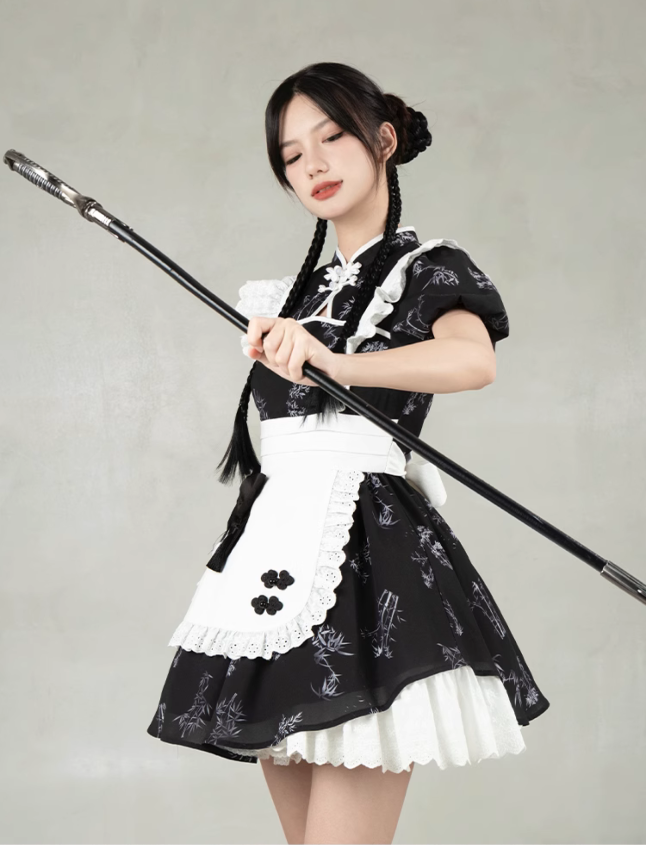 Bamboo print maid style Chinese dress