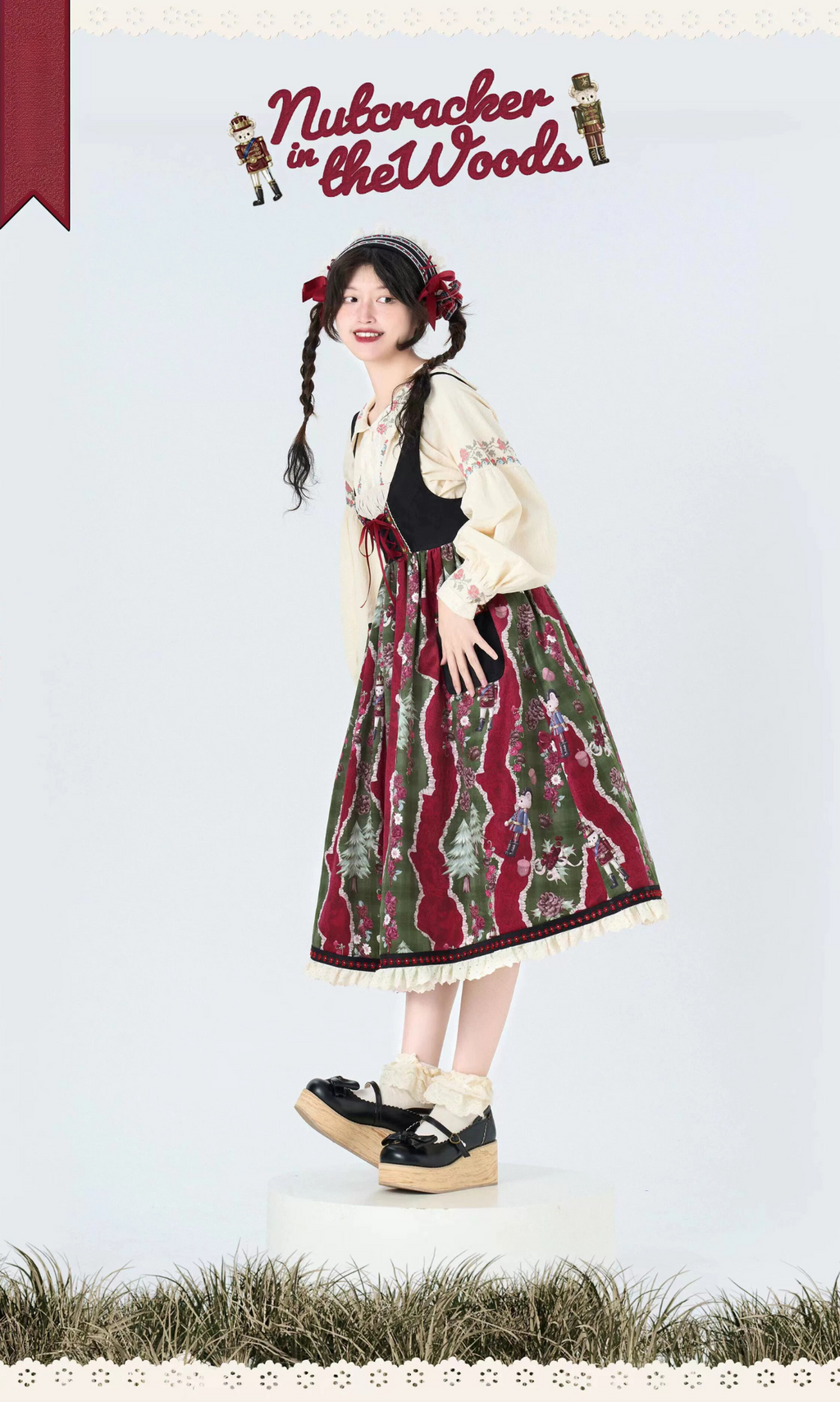 Nutcracker Bear Country-style Floral Embroidered Jumper Skirt