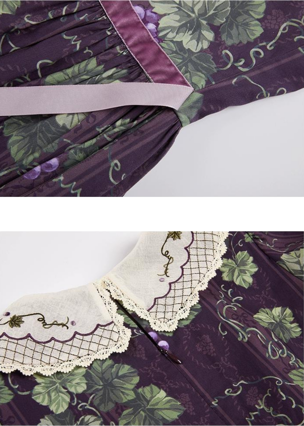 Sunny Rouge Grape pattern embroidered collar short sleeve dress