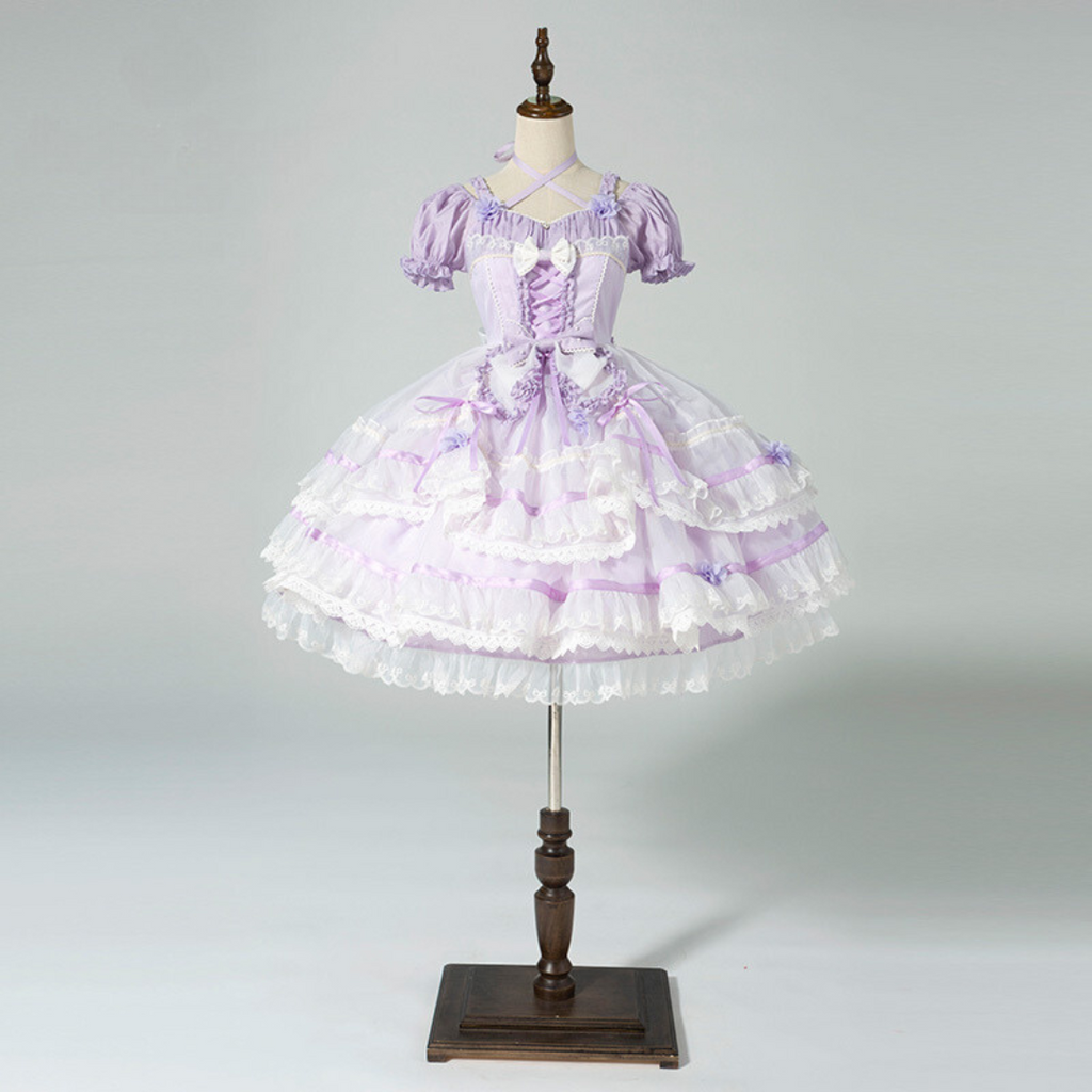 Ribbon embroidered lace dress and head dress available in 8 colors
