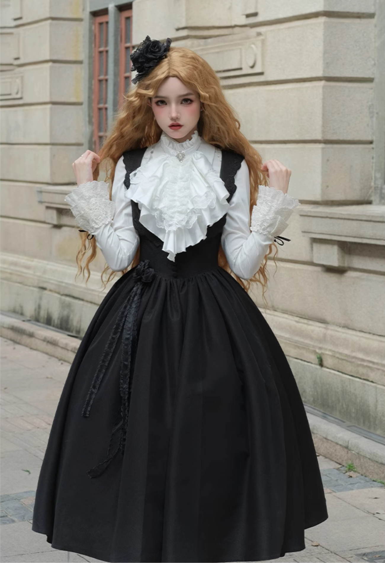 Black rose embroidered collar jumper skirt and jacket, long length