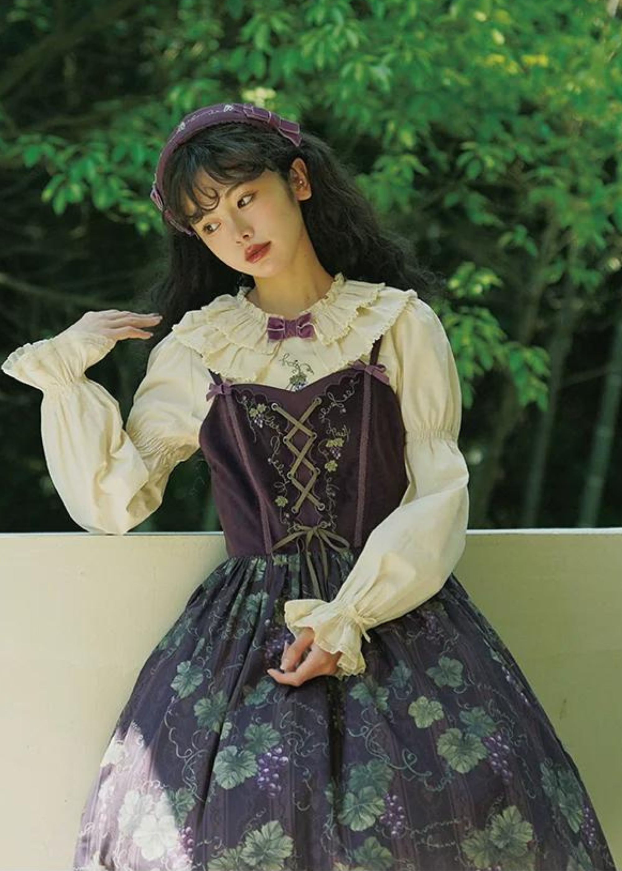 Sunny Rouge Grape pattern front ribbon jumper skirt