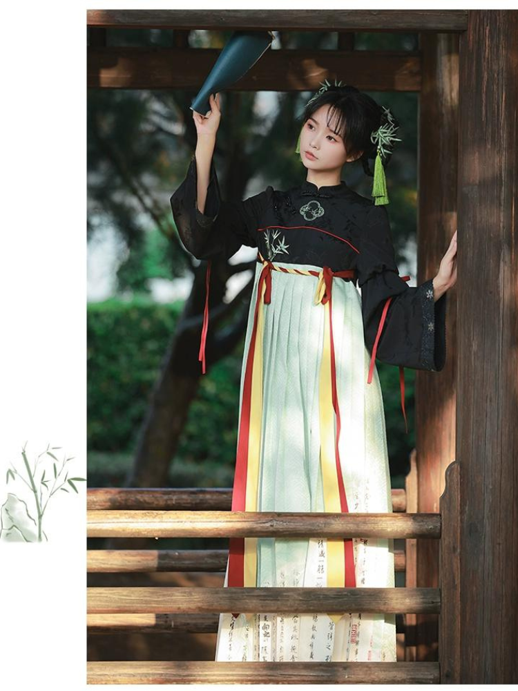 White green bamboo pattern Hanfu style fake two piece dress