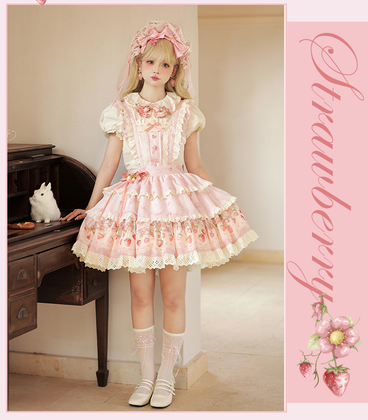 Strawberry Chiffon 胸当て付き三段スカート