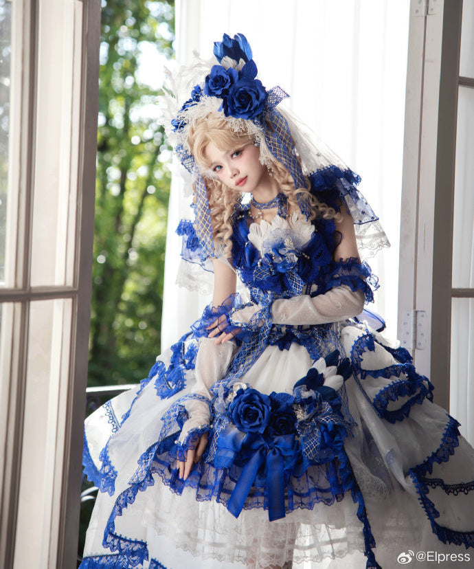 【受注予約8/13まで】Snow Rose Princess トレーン付きドレス・ブルー×ホワイト