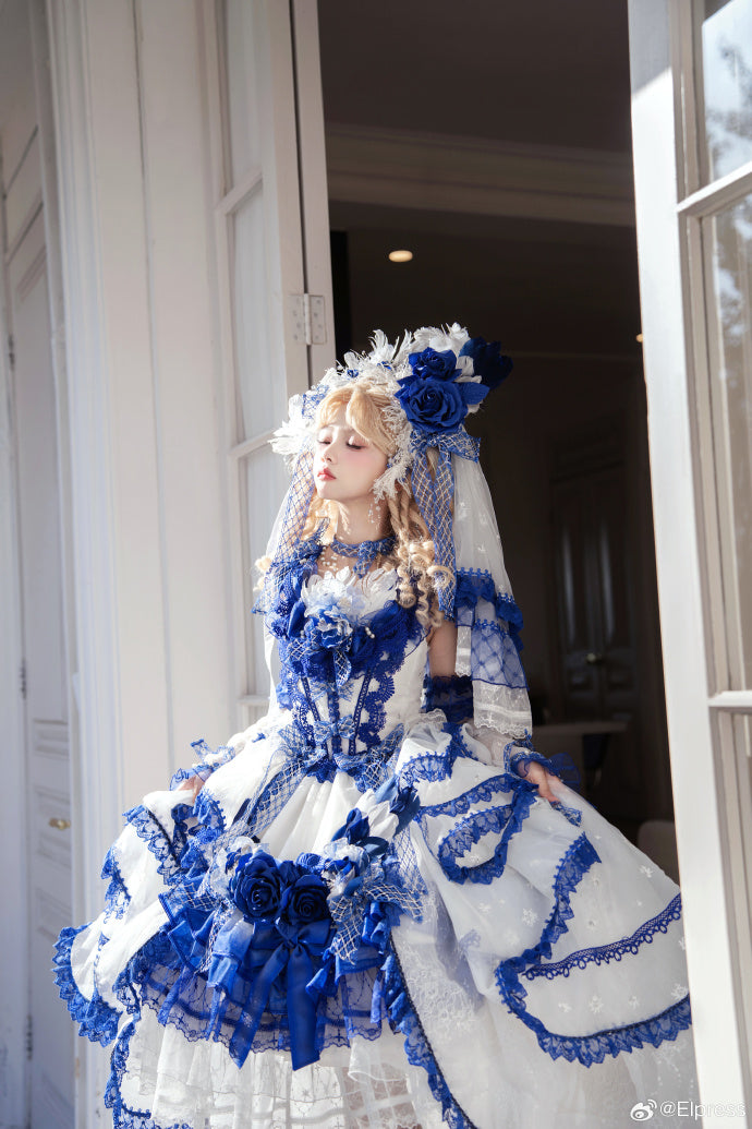 【受注予約8/13まで】Snow Rose Princess トレーン付きドレス・ブルー×ホワイト