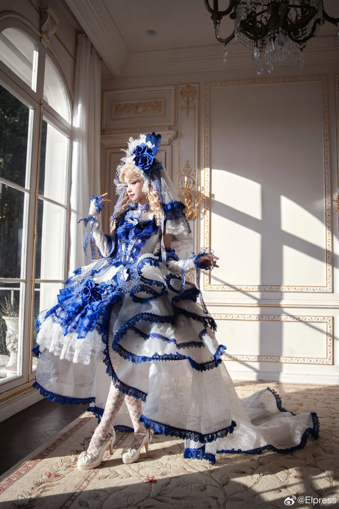 【受注予約8/13まで】Snow Rose Princess トレーン付きドレス・ブルー×ホワイト