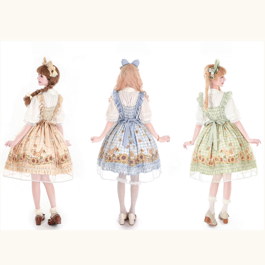 Cat and Sunflower Gingham Check Jumper Skirt Available in 3 Colors