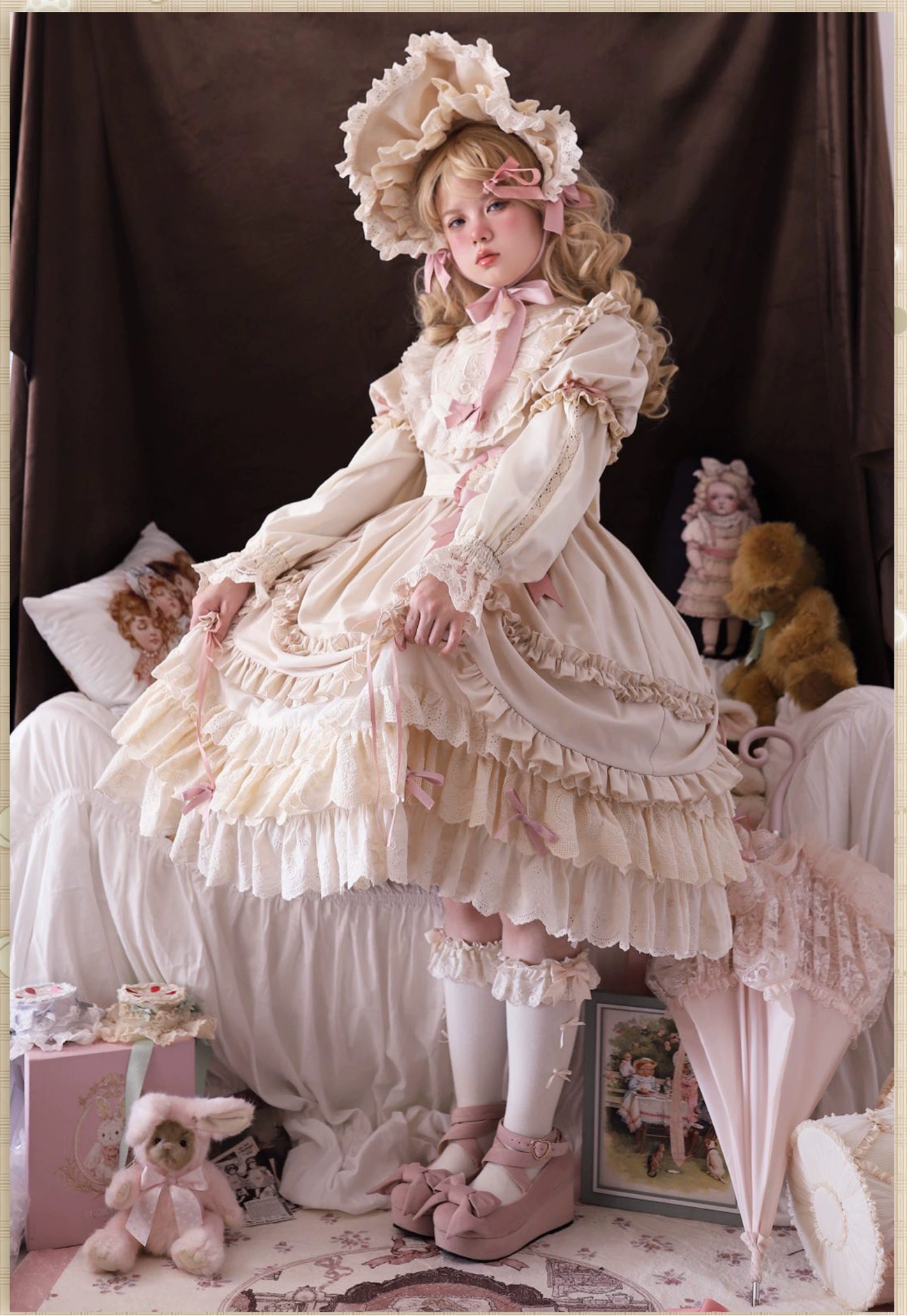 Ribbon Doll 3段フリルワンピースと付け袖 全3色
