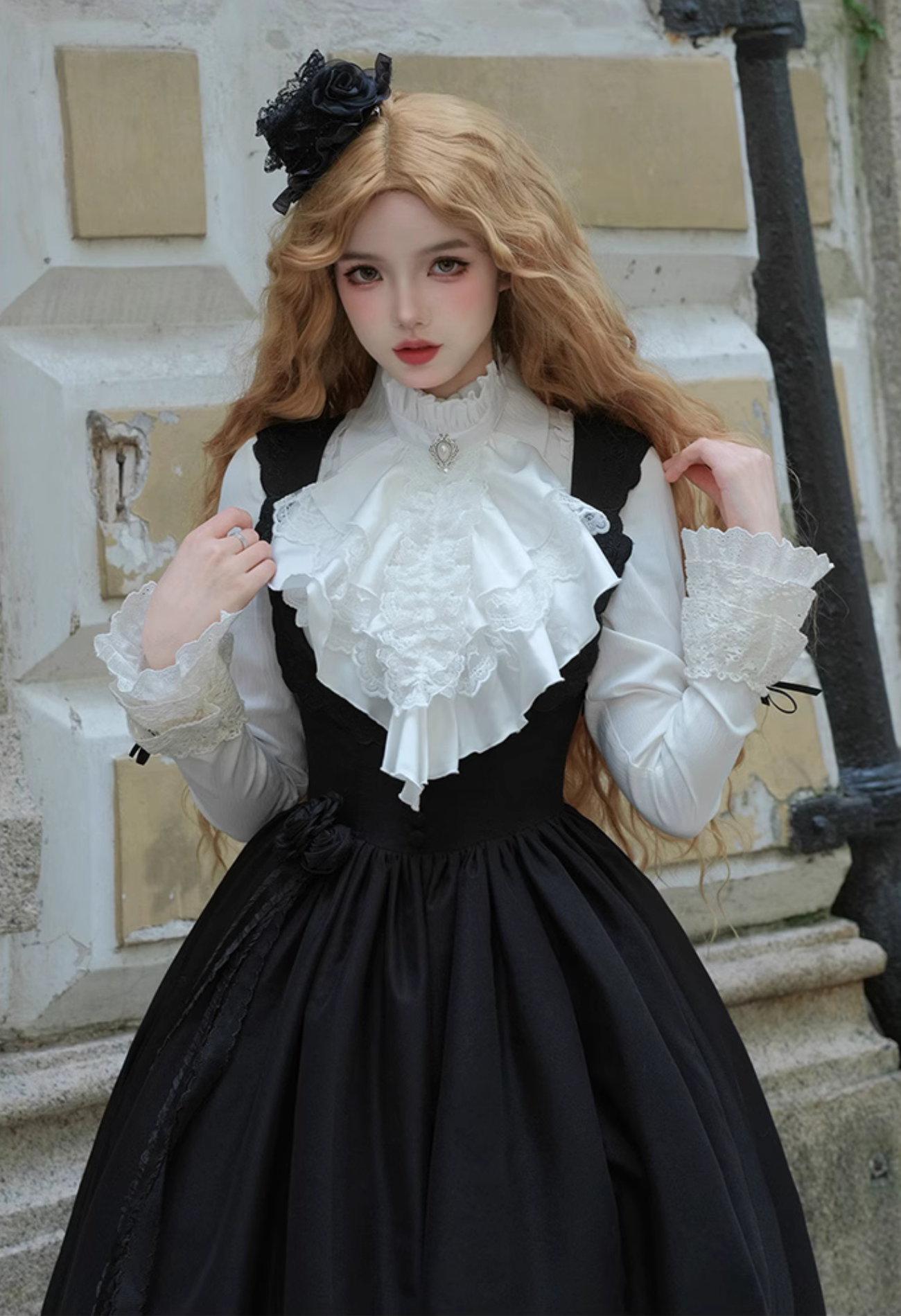 Black rose embroidered collar jumper skirt and jacket, long length