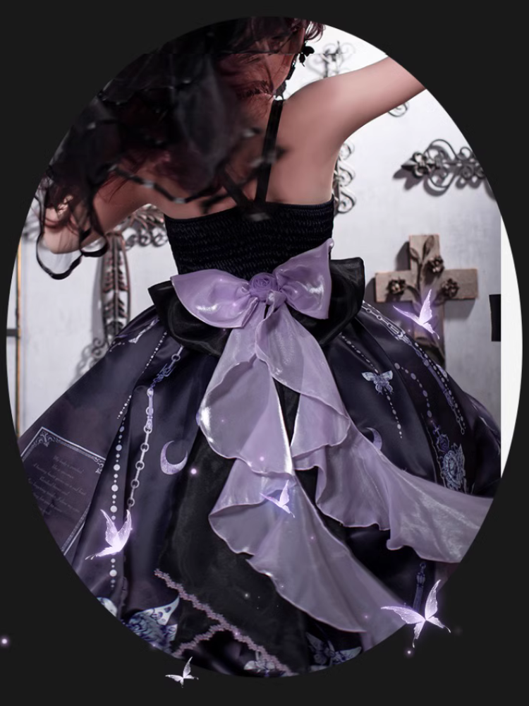 [Pre-order] Bat Wings skeleton pattern jumper skirt and purple rose crinoline