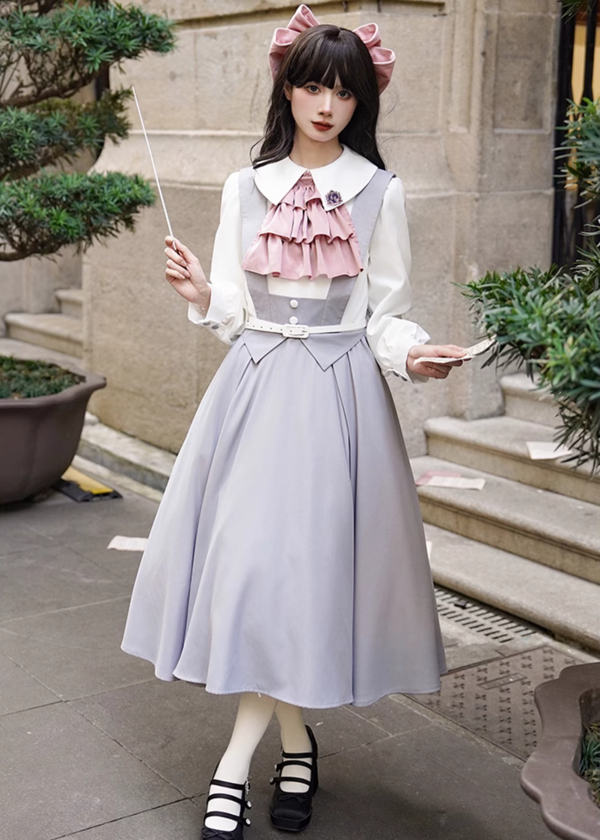 Pink Gray School-style fake two-piece dress 4-piece set