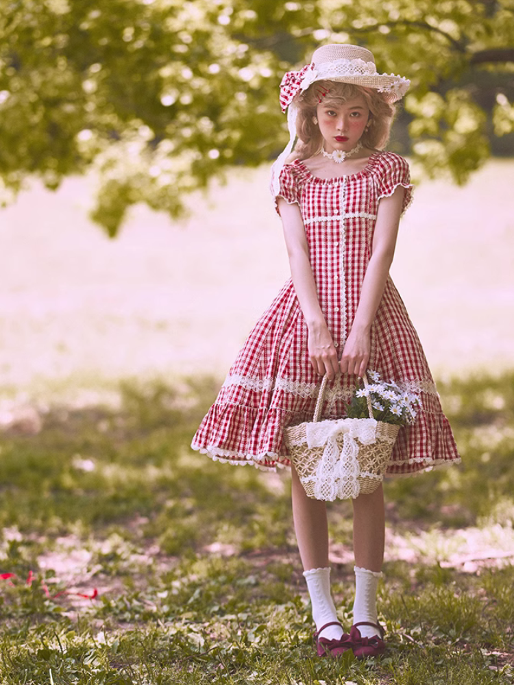 Day's eye Gingham check retro short sleeve dress, 3 colors