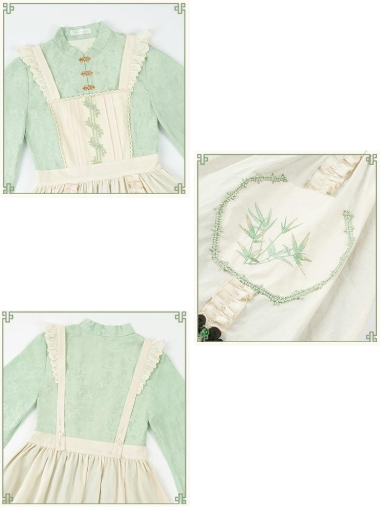 White green bamboo pattern double pocket apron dress