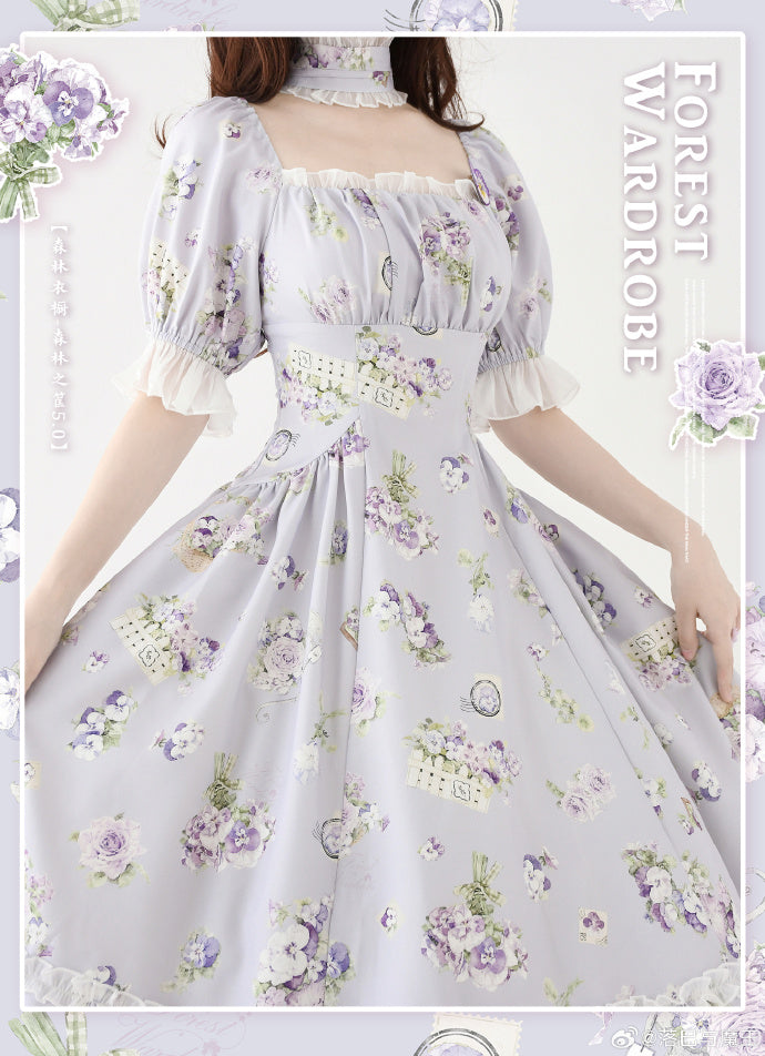 Forest Basket5.0 Classical Dress, Viola Blue, with Choker and Hair Accessory