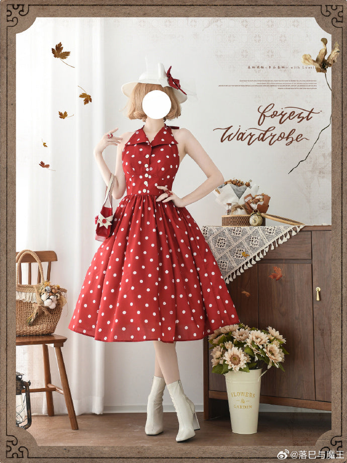 Afternoon Forest Retro Elegant Halter Neck Jumper Skirt with Hair Accessory
