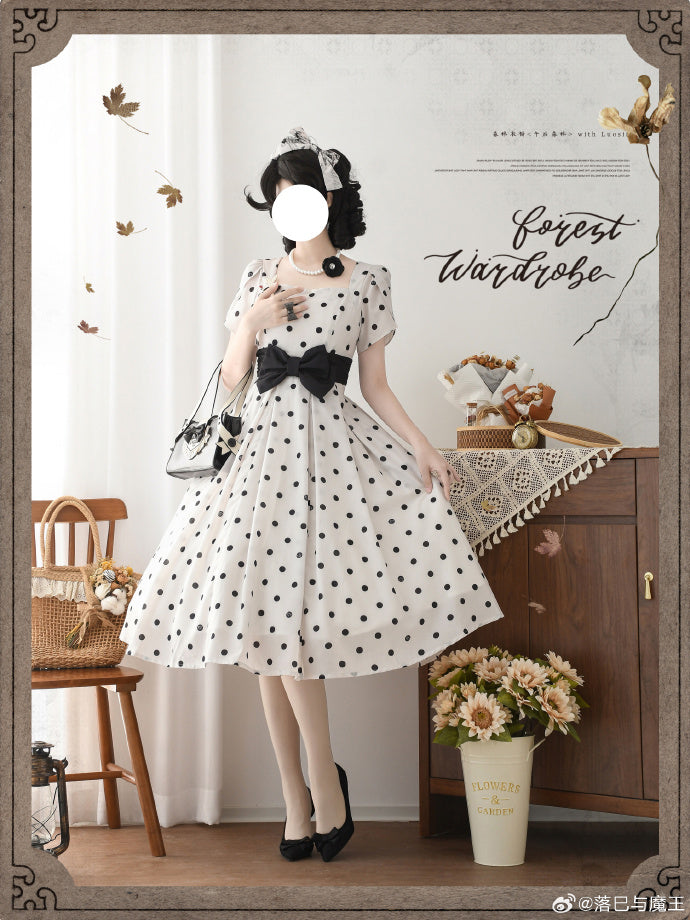 Afternoon Forest Retro Elegant Ribbon Dress with Hair Accessory