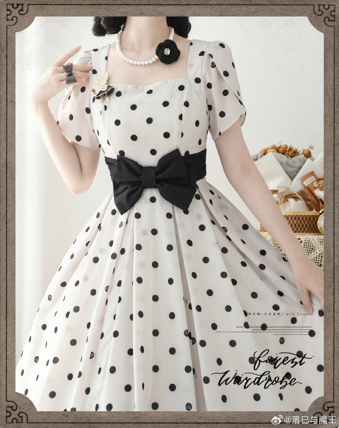Afternoon Forest Retro Elegant Ribbon Dress with Hair Accessory