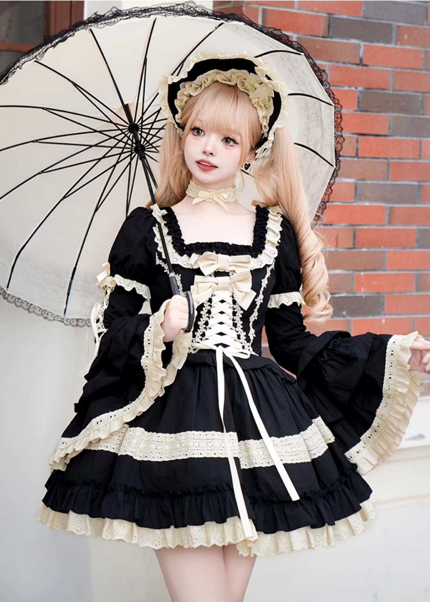 Seventh Night Chapter Front Ribbon Dress with Inner Skirt, Attached Sleeves, and Choker