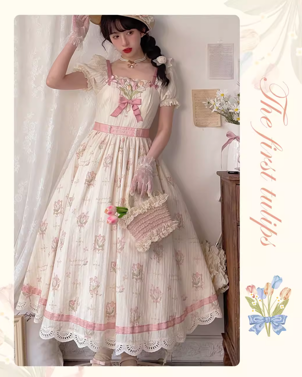 Tulip Bouquet スクエアネックコットンワンピース